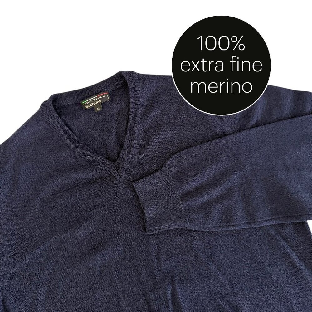 SIMONS Navy Blue Extra Fine Merino Wool V-Neck Sweater made in Italy size l